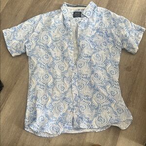 Blue and White Casual Button Down Shirt with Floral Pattern
